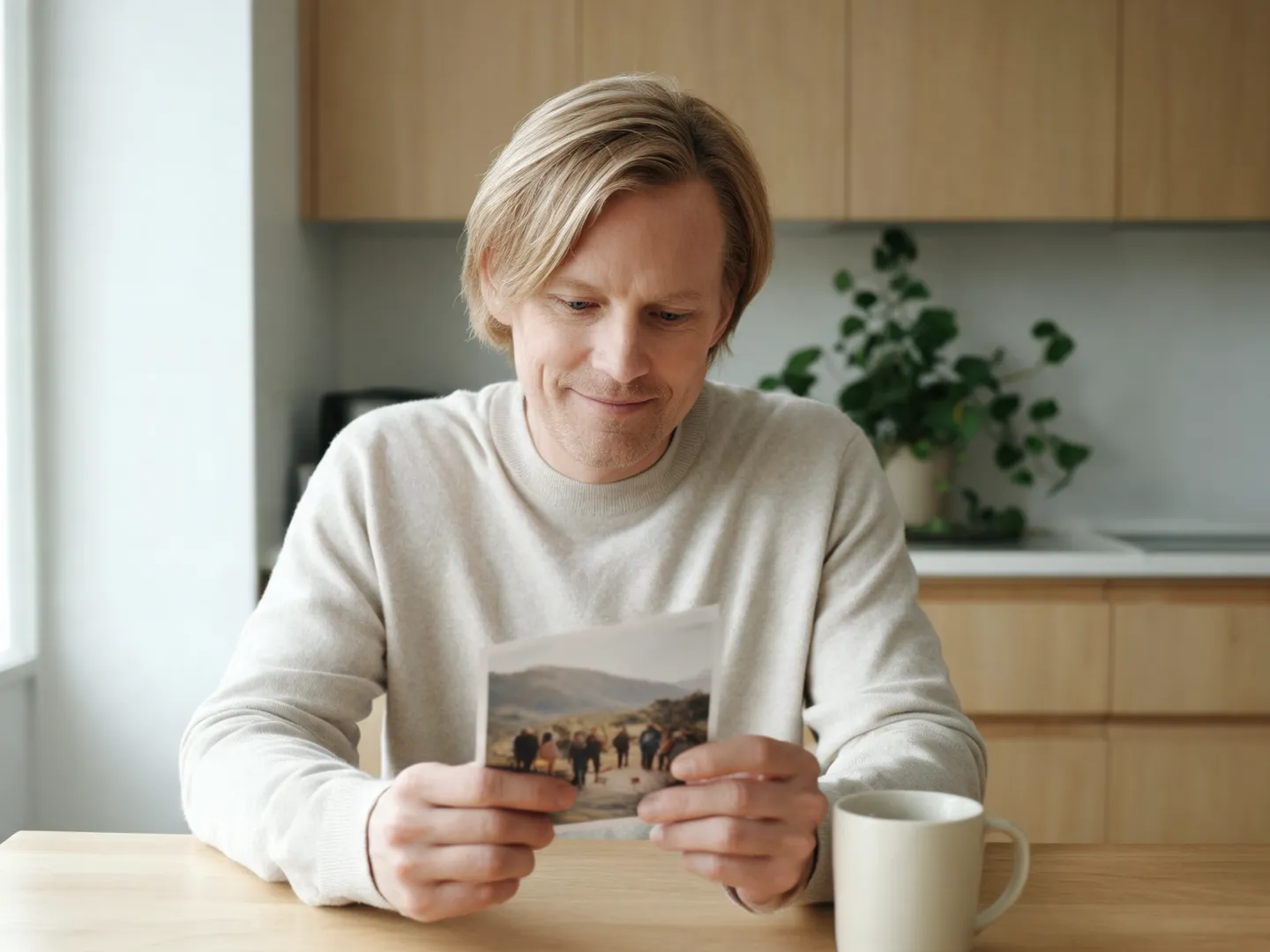 Eine erwachsene Person betrachtet lächelnd ein Erinnerungsfoto.